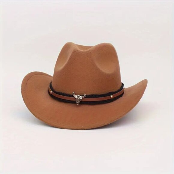 Light Brown Western Cowboy Hat Cowboy Cowgirl Rodeo Style with Bull Skull Accent - Picture 8 of 9